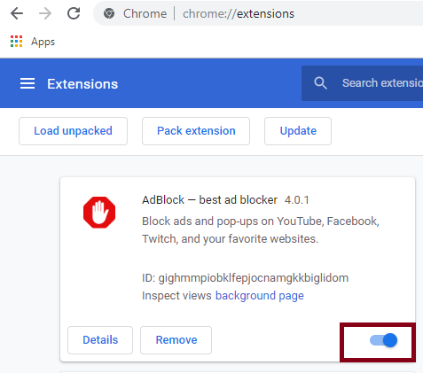 Disable the Ad Blocking extension